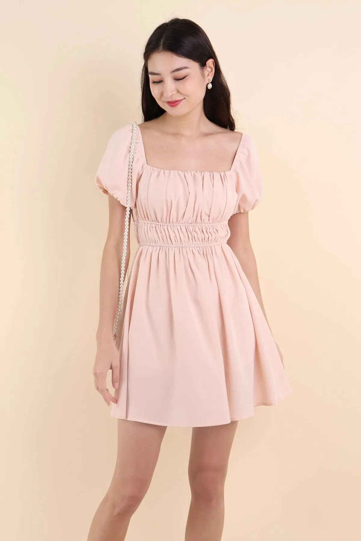 HAILEY SLEEVE ROMPER DRESS IN PEACH PINK