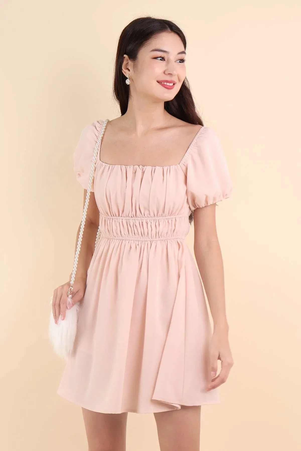 HAILEY SLEEVE ROMPER DRESS IN PEACH PINK