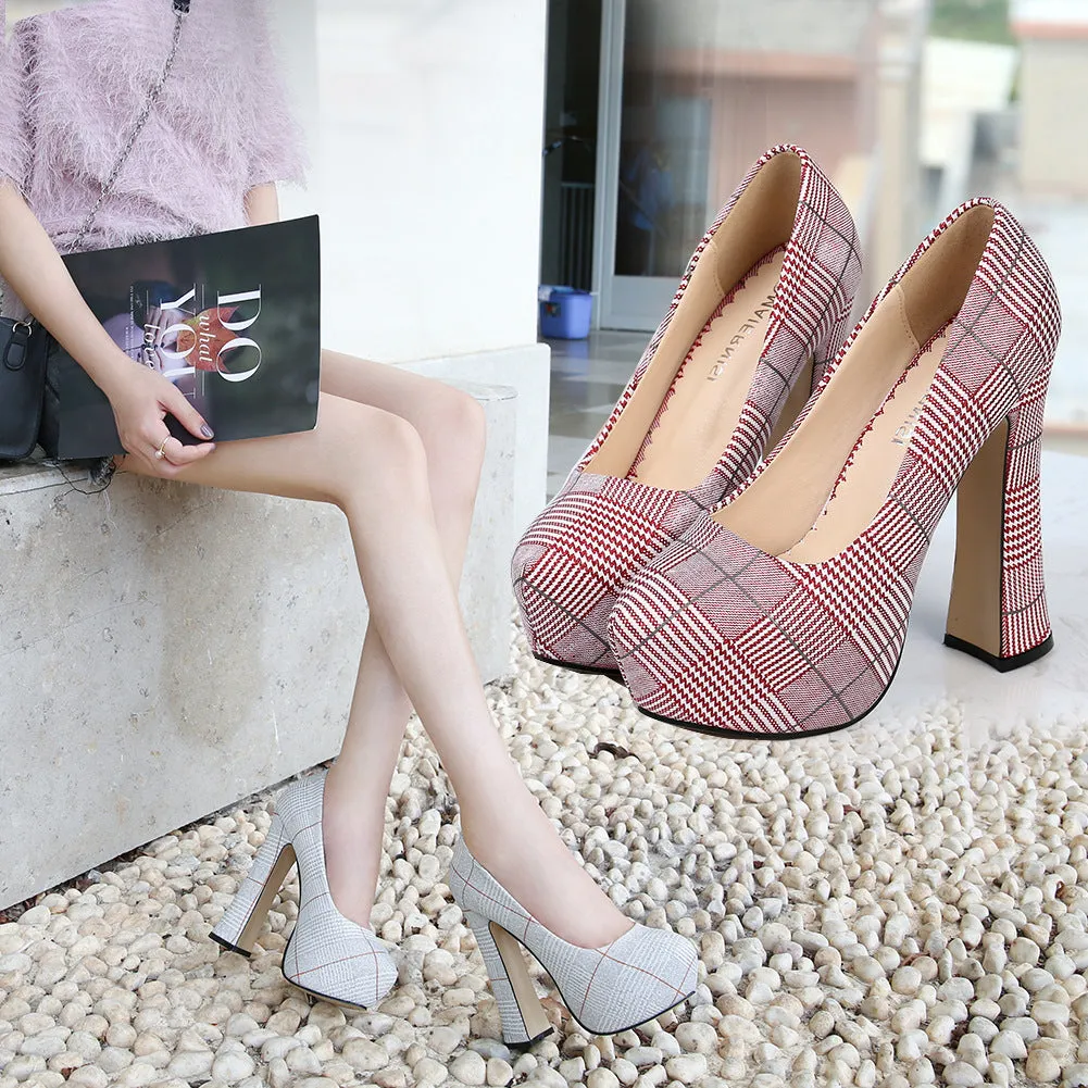 High heels waterproof platform houndstooth