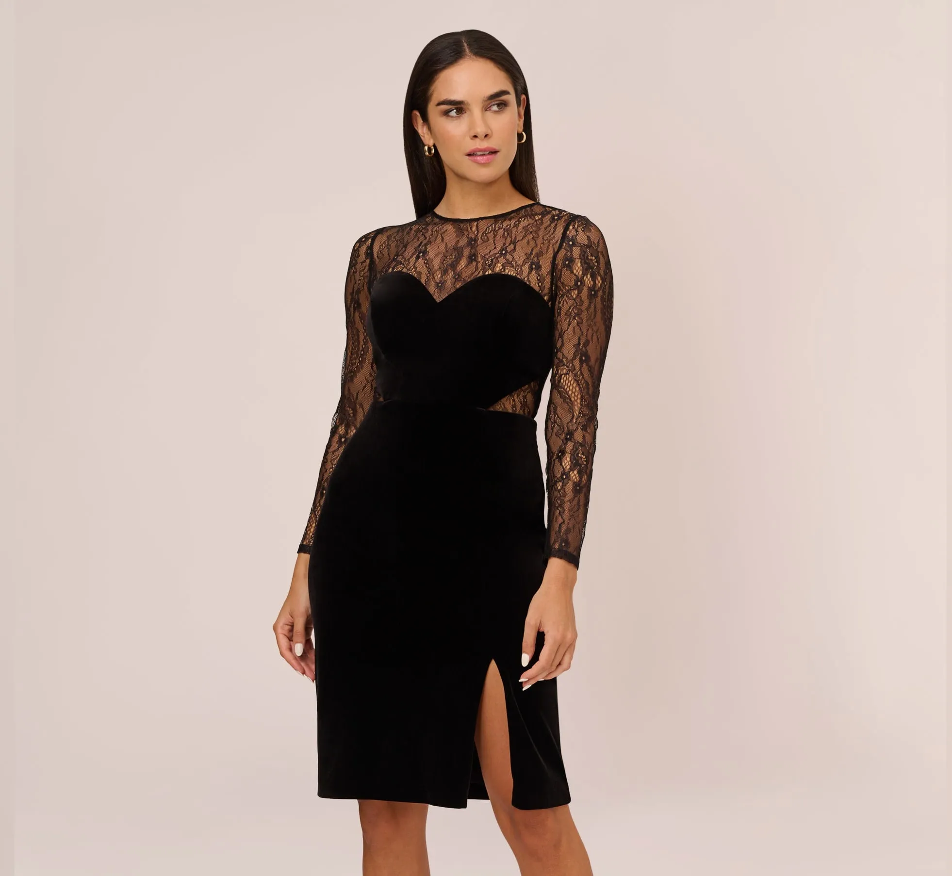 Long Sleeve Velvet Midi Dress With Sheer Lace Details In Black