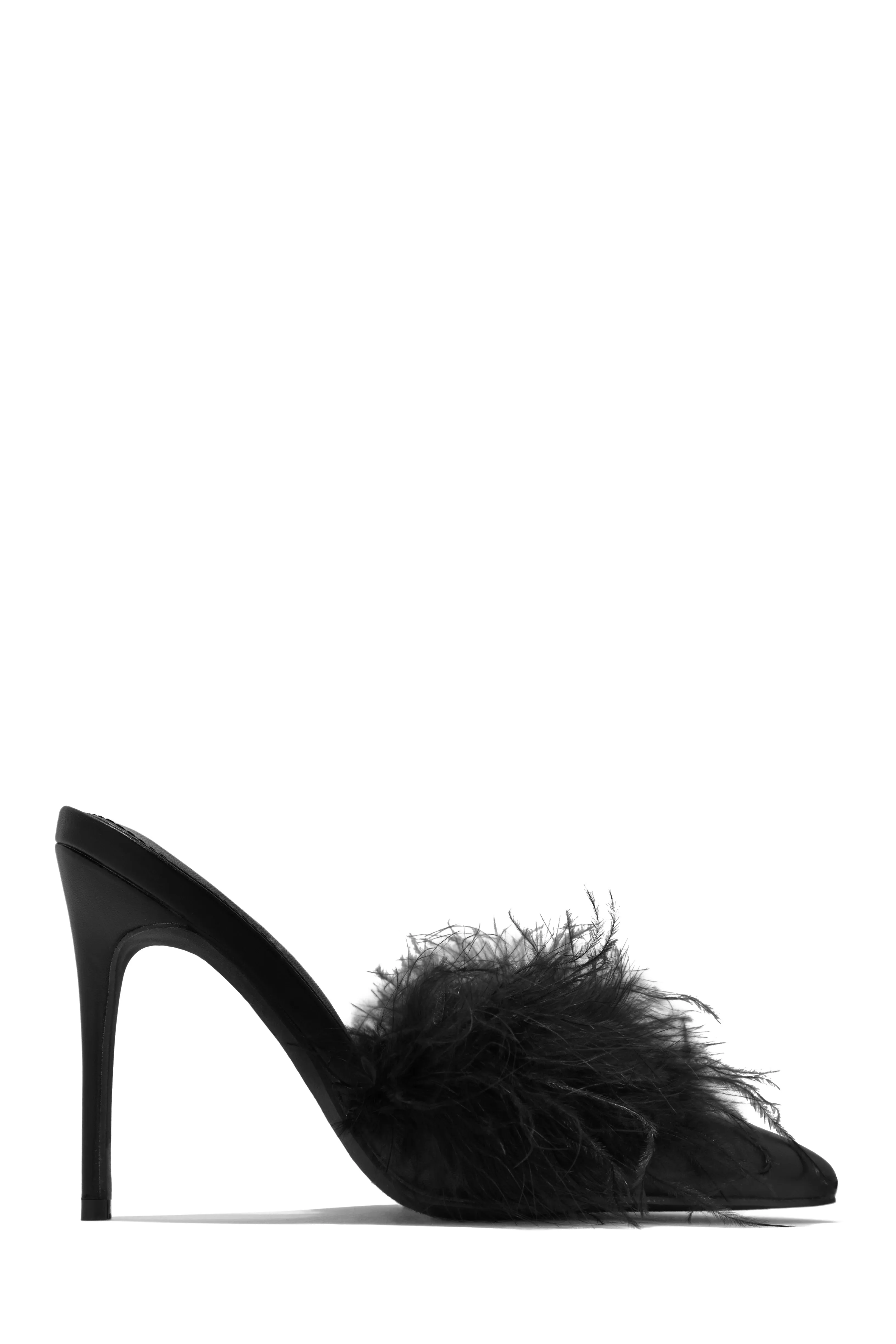 Lorelai Faux Feather Mule Heels - Black