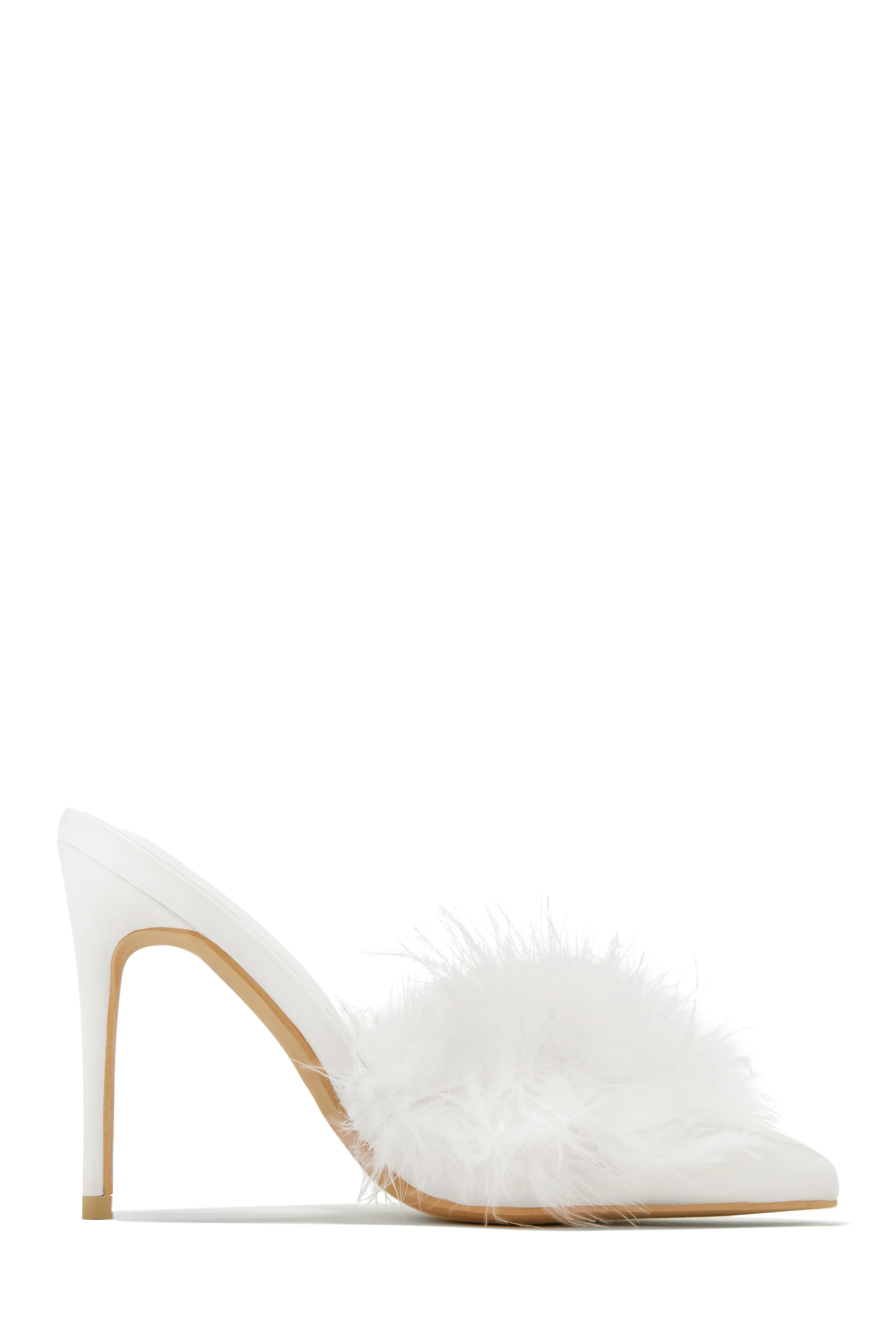 Lorelai Faux Feather Mule Heels - White