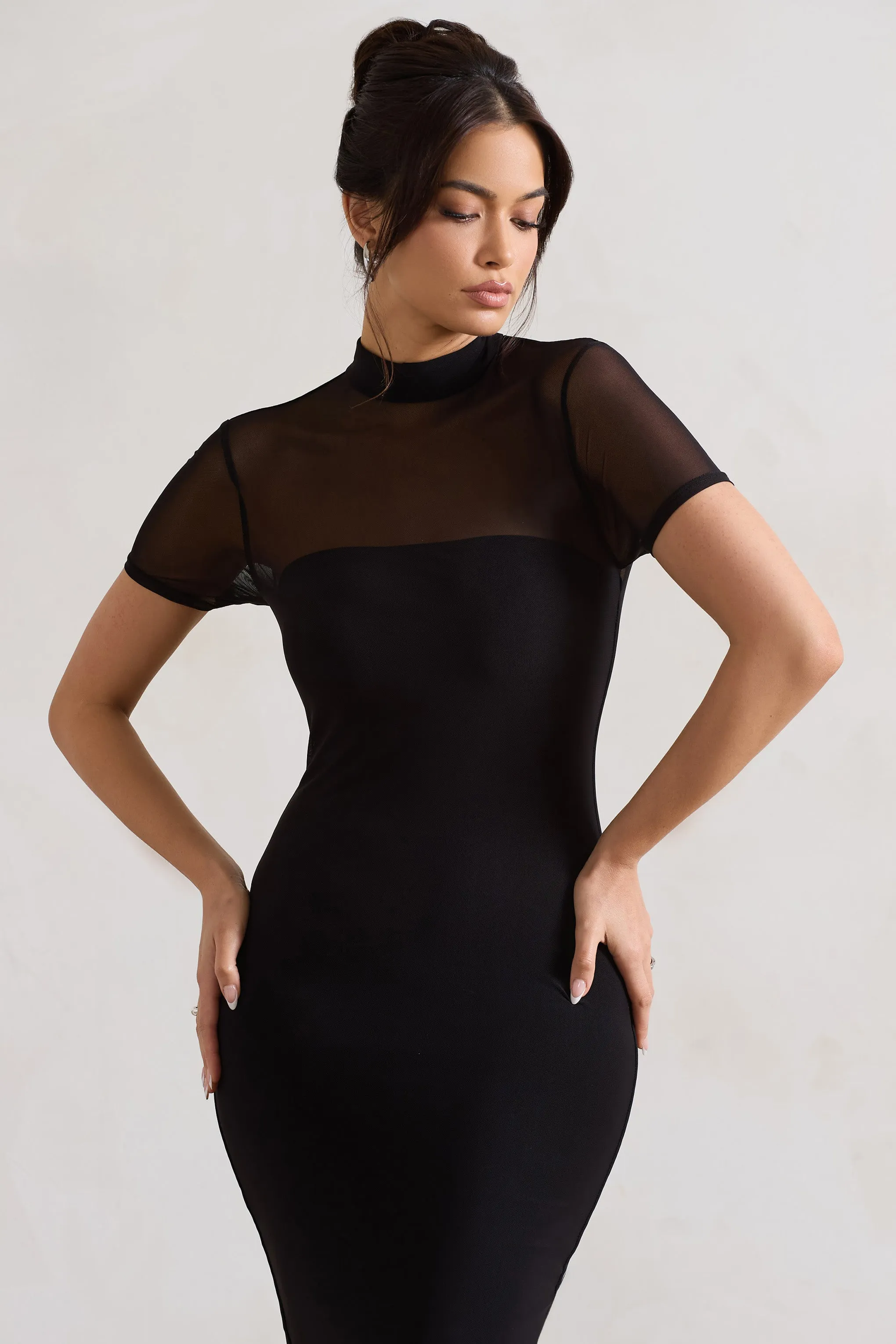 Melinda | Black High-Neck Short Sleeve Midi Dress