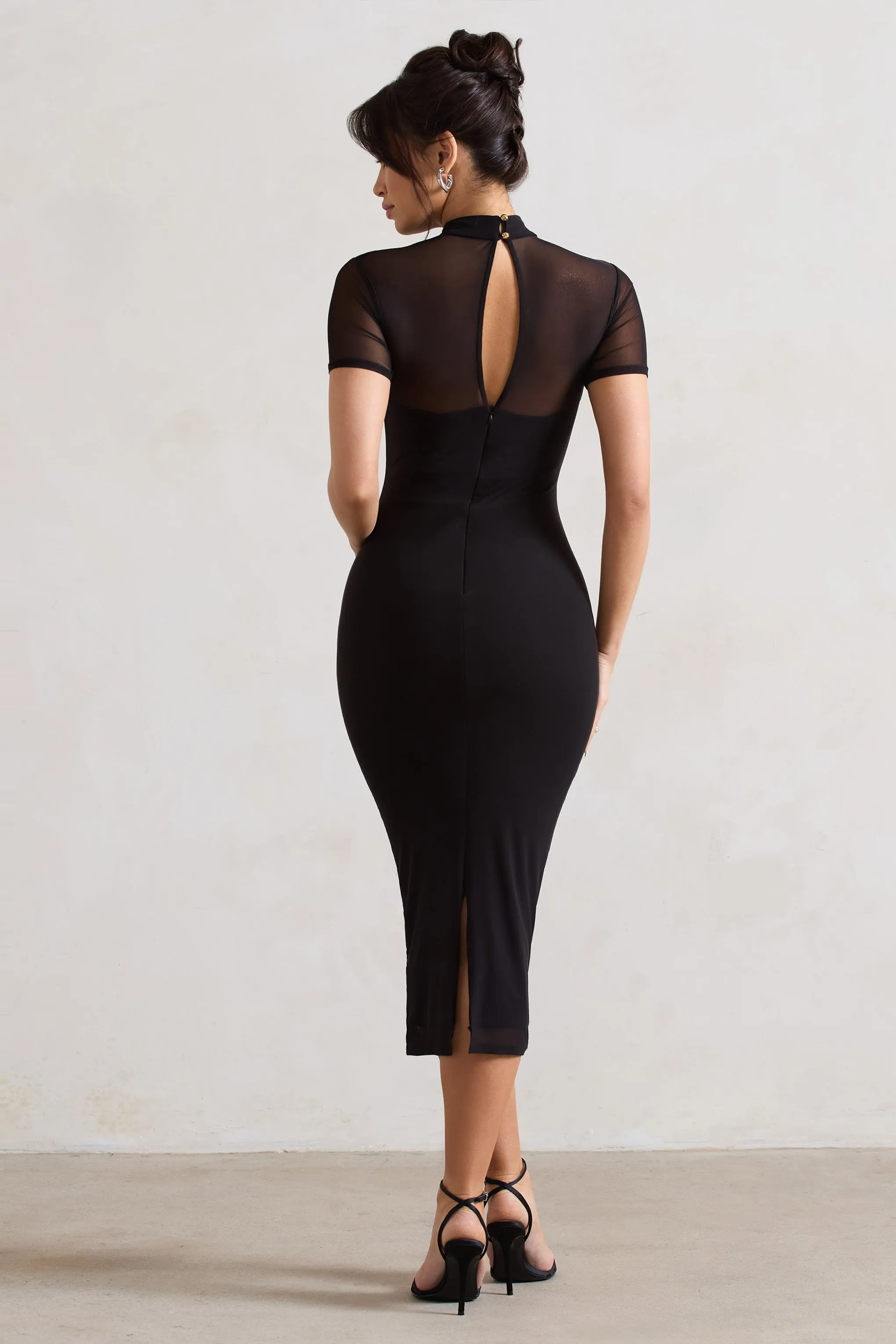 Melinda | Black High-Neck Short Sleeve Midi Dress