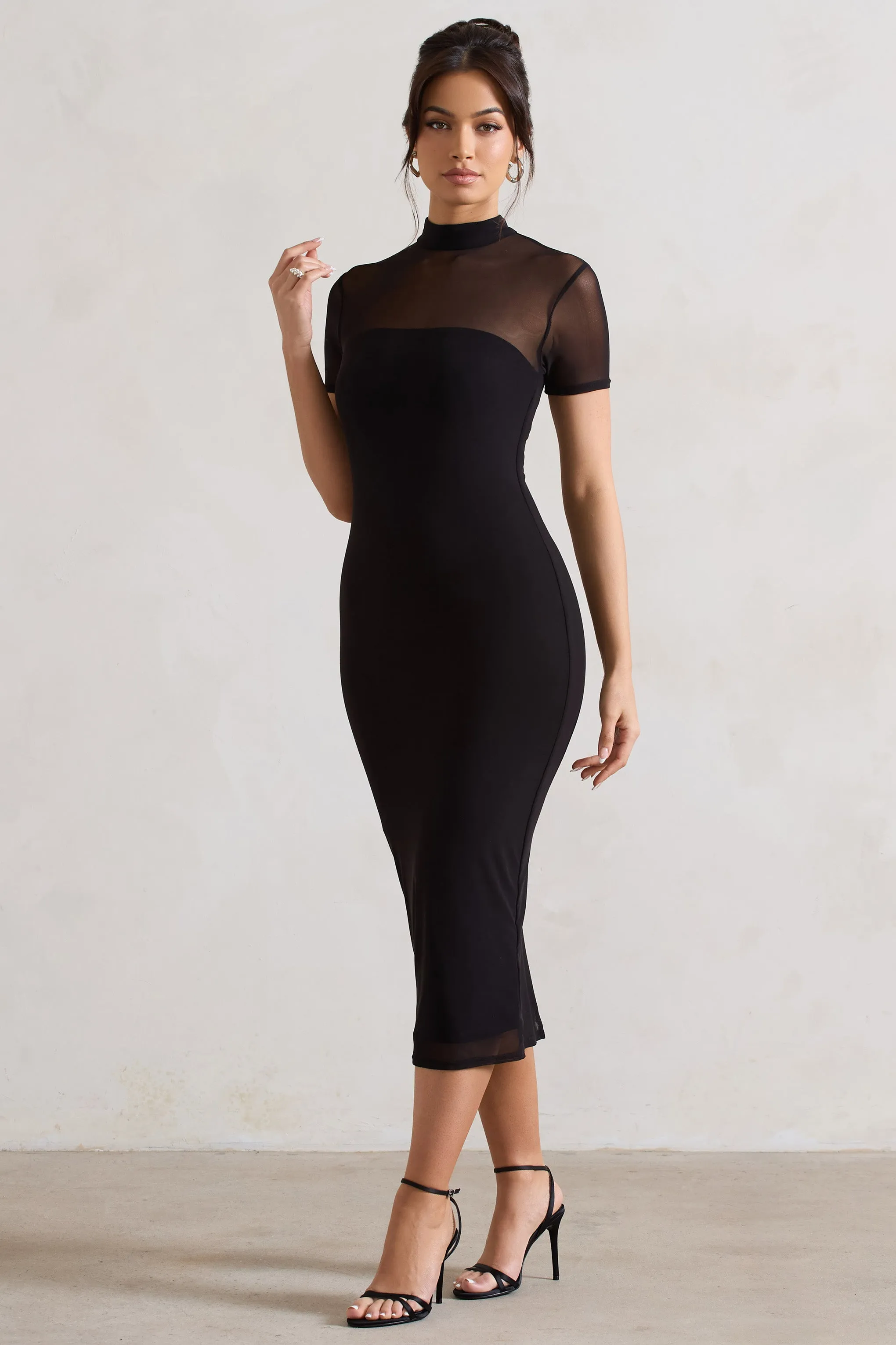 Melinda | Black High-Neck Short Sleeve Midi Dress