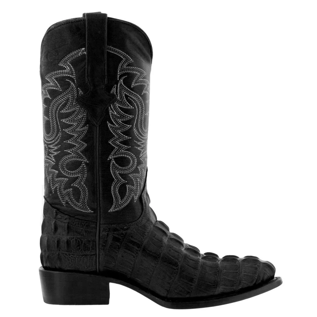 Mens Black Alligator Tail Print Leather Cowboy Boots Round Toe