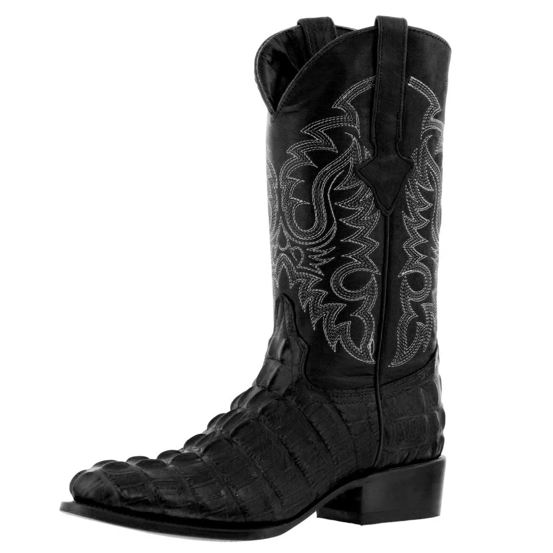 Mens Black Alligator Tail Print Leather Cowboy Boots Round Toe