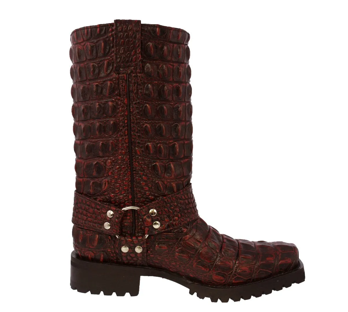 Mens Black Cherry Motorcycle Boots Crocodile Back Print - Square Toe