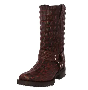 Mens Black Cherry Motorcycle Boots Crocodile Back Print - Square Toe