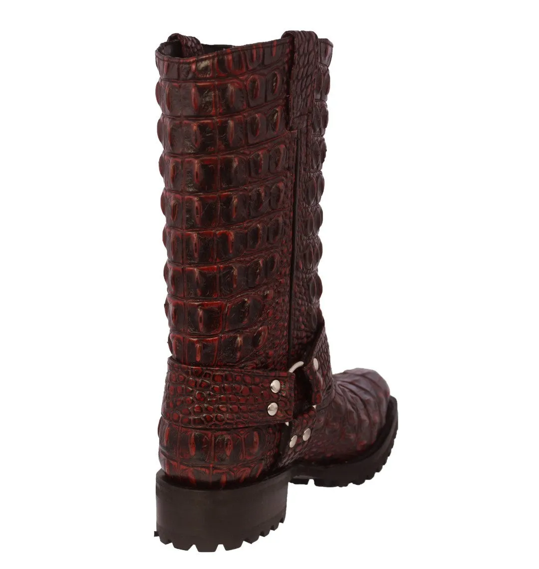 Mens Black Cherry Motorcycle Boots Crocodile Back Print - Square Toe