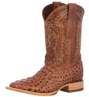 Mens Cognac Alligator Hornback Print Leather Cowboy Boots Square Toe