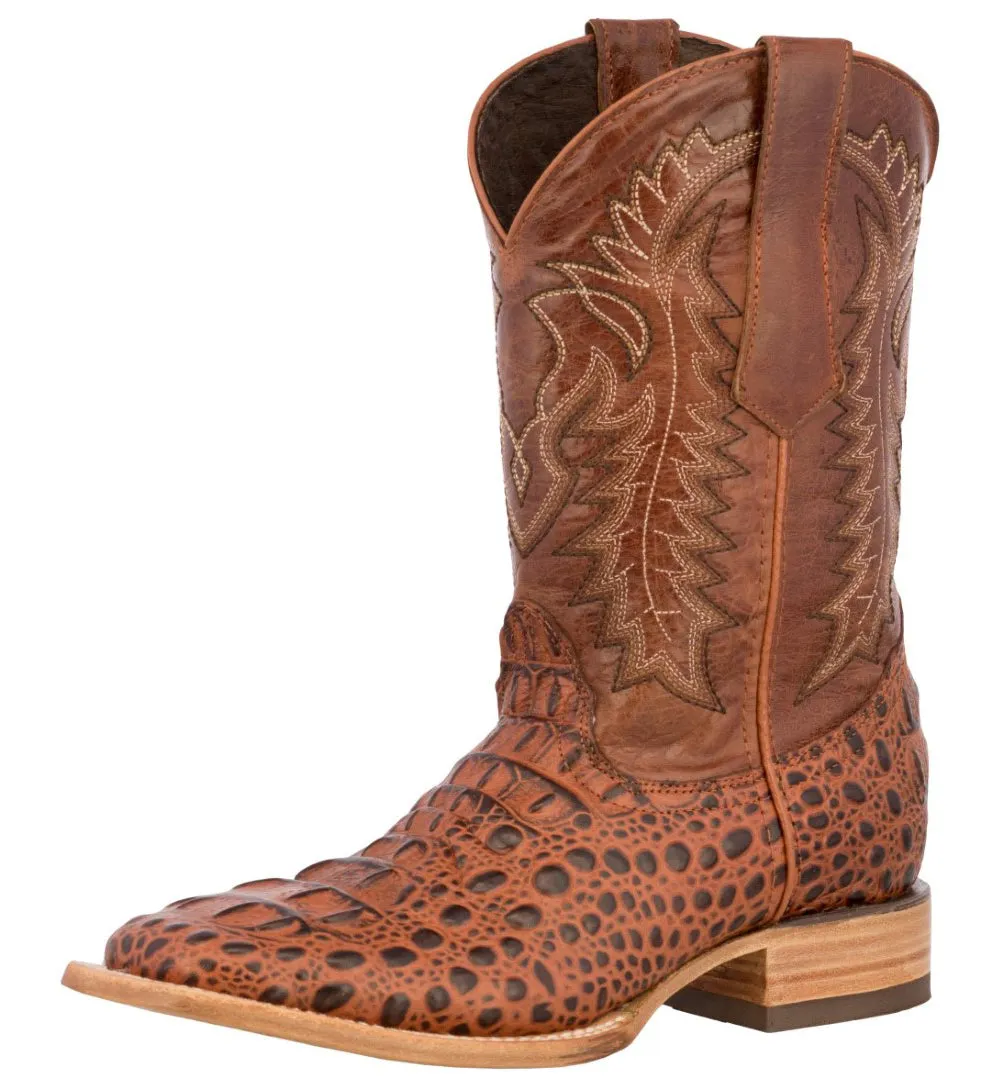 Mens Cognac Alligator Hornback Print Leather Cowboy Boots Square Toe