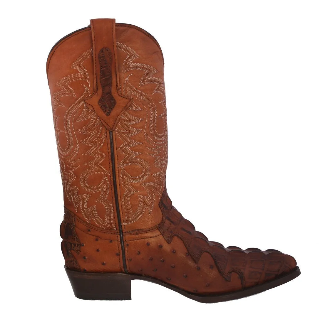 Mens Cognac Crocodile & Ostrich Print Leather Cowboy Boots J Toe