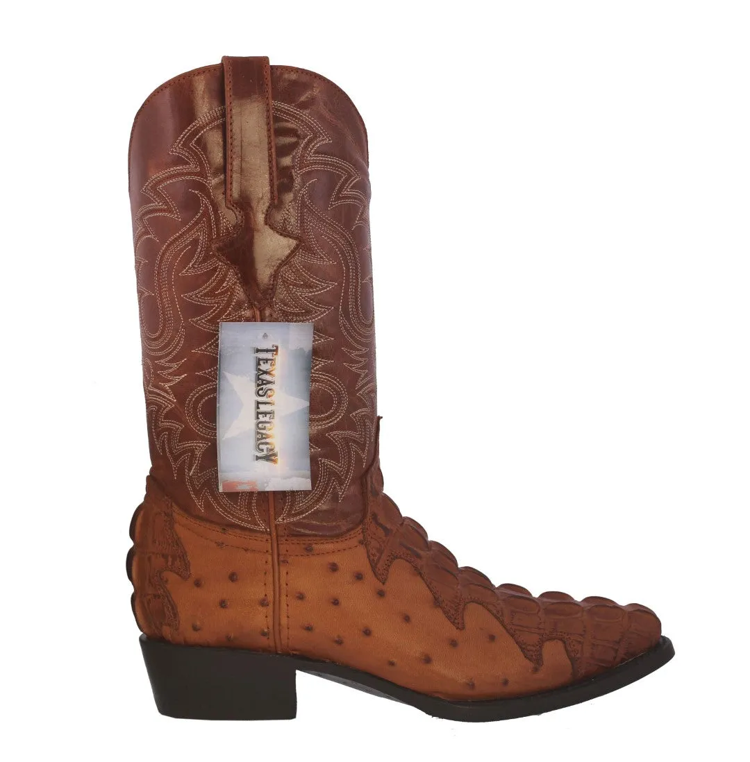 Mens Cognac Crocodile & Ostrich Print Leather Cowboy Boots J Toe