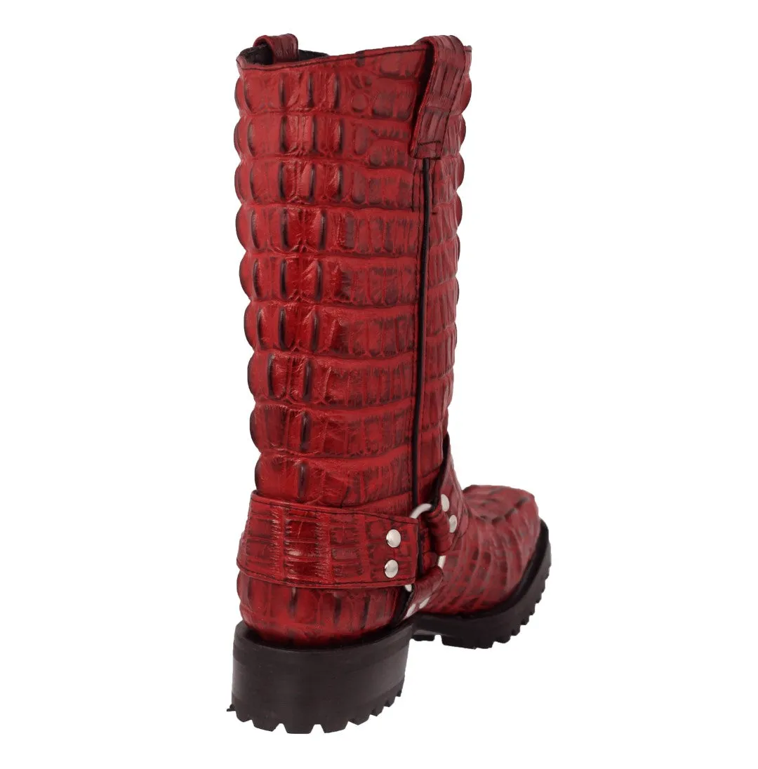 Mens Red Motorcycle Boots Crocodile Tail Print - Square Toe