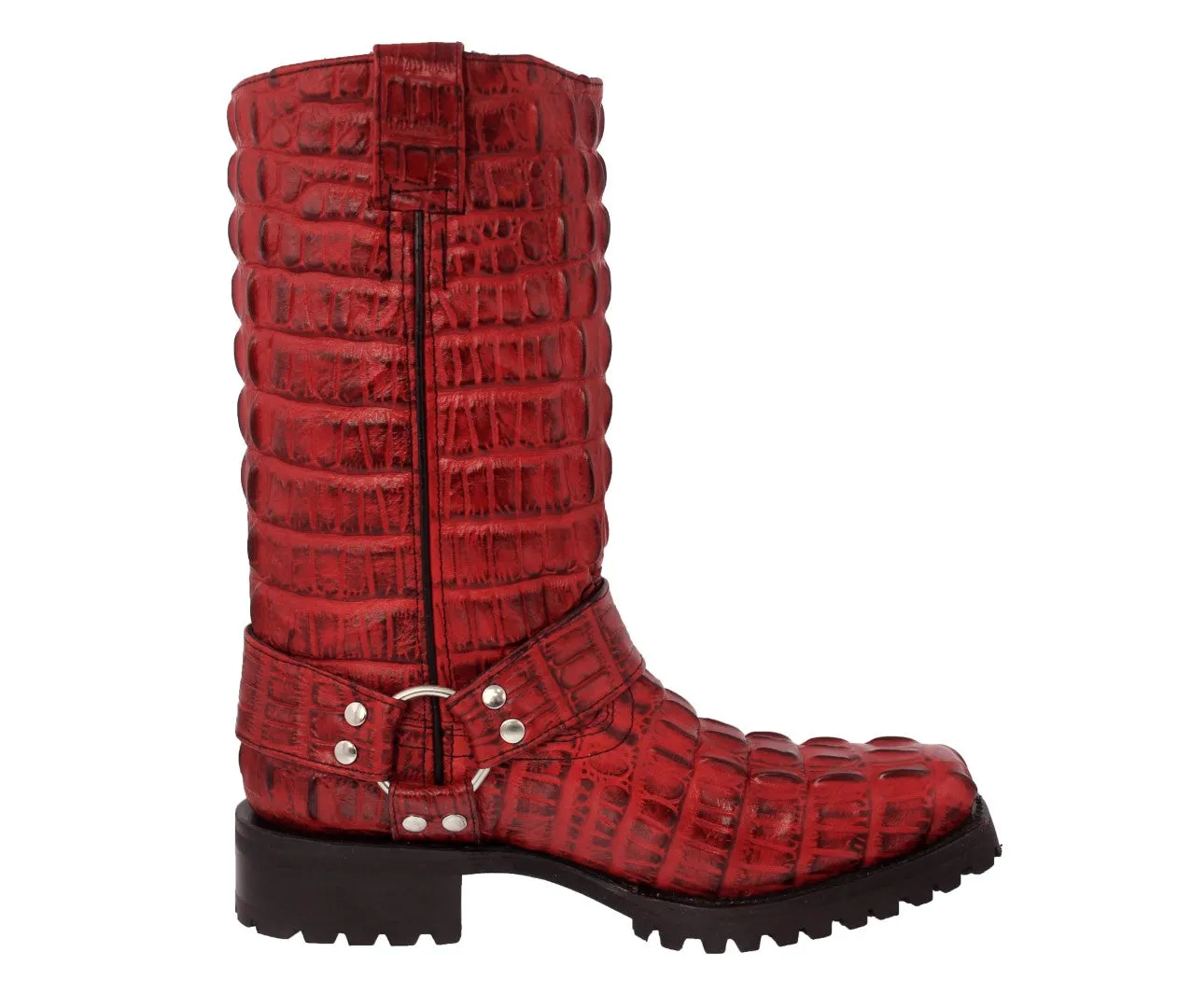 Mens Red Motorcycle Boots Crocodile Tail Print - Square Toe