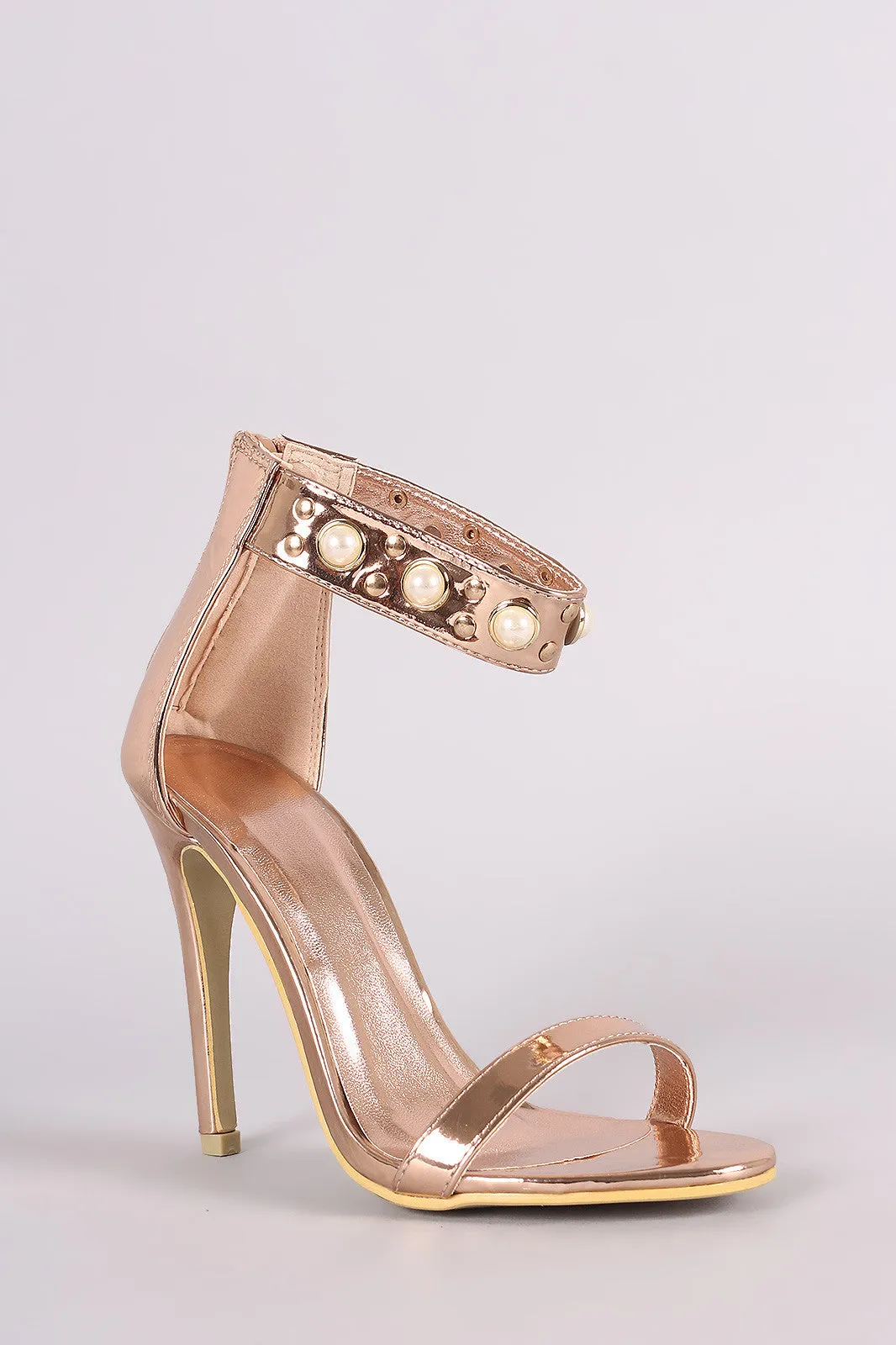 Metallic Patent Studs And Faux Pearl Ankle Strap Stiletto Heel