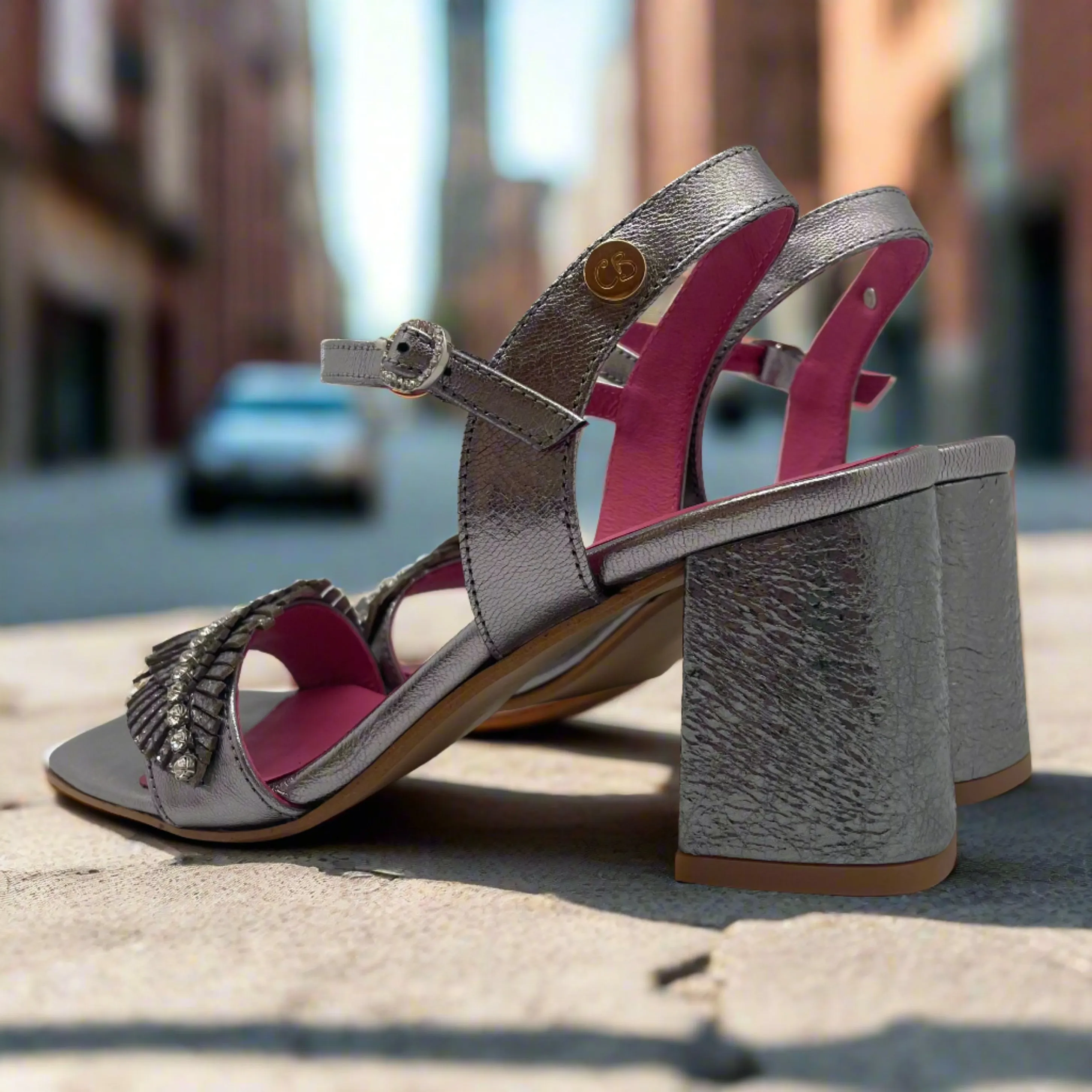 Mimi- Pewter block heel sandal