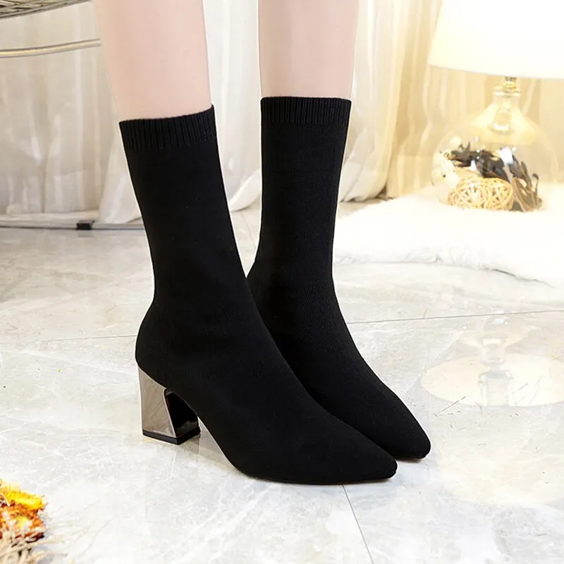 New Ankle Boots Autumn Pointed Toe Stretch Knitting Sock Boots Plus Size High Heels Female Slip On Lady Shoes Hot Fashion Shoe