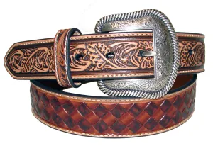 Nocona Brown Basket Weave Embossed Belt with Antique Stained Floral Embossed Tabs