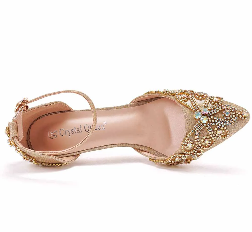 Pointed Toe Gold Rhinestone Glitter Low Heels Wedding Shoes