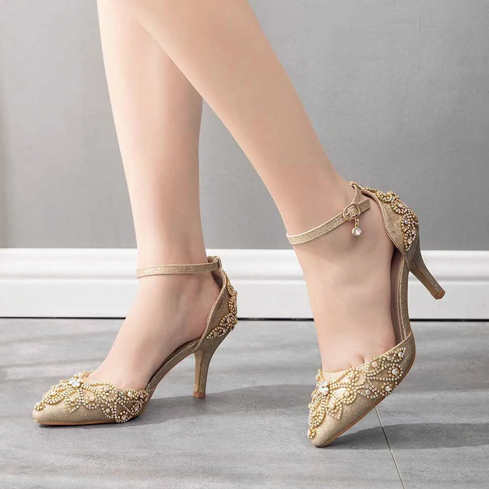 Pointed Toe Gold Rhinestone Glitter Low Heels Wedding Shoes