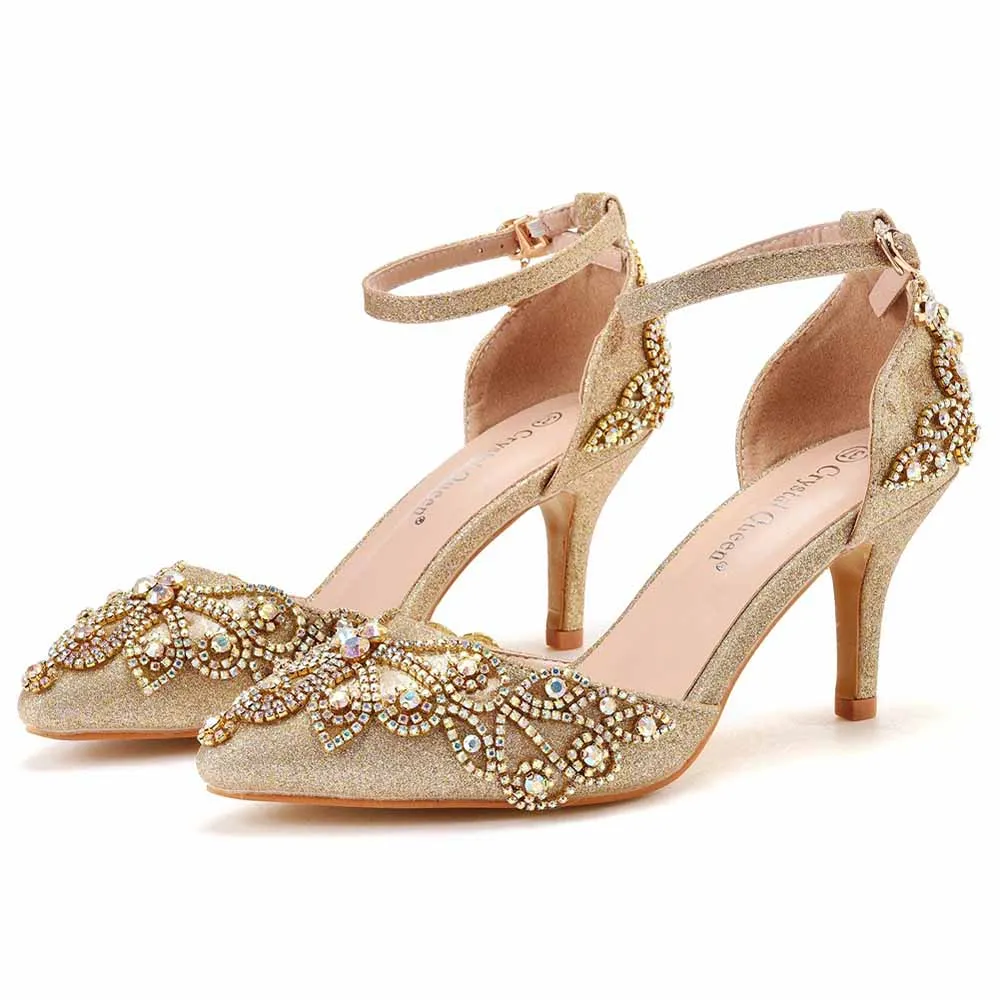 Pointed Toe Gold Rhinestone Glitter Low Heels Wedding Shoes