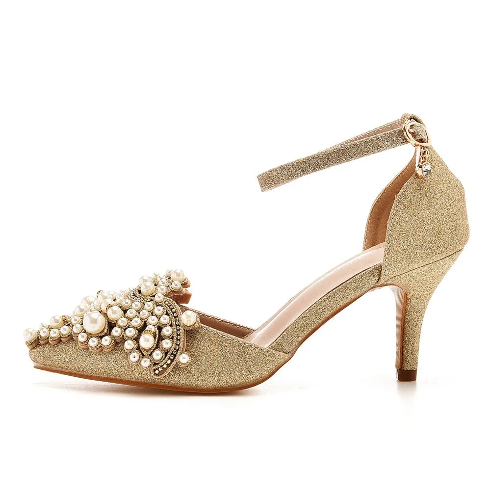 Pointed Toe Pearl Gold Glitter Ankle Strap High Heel