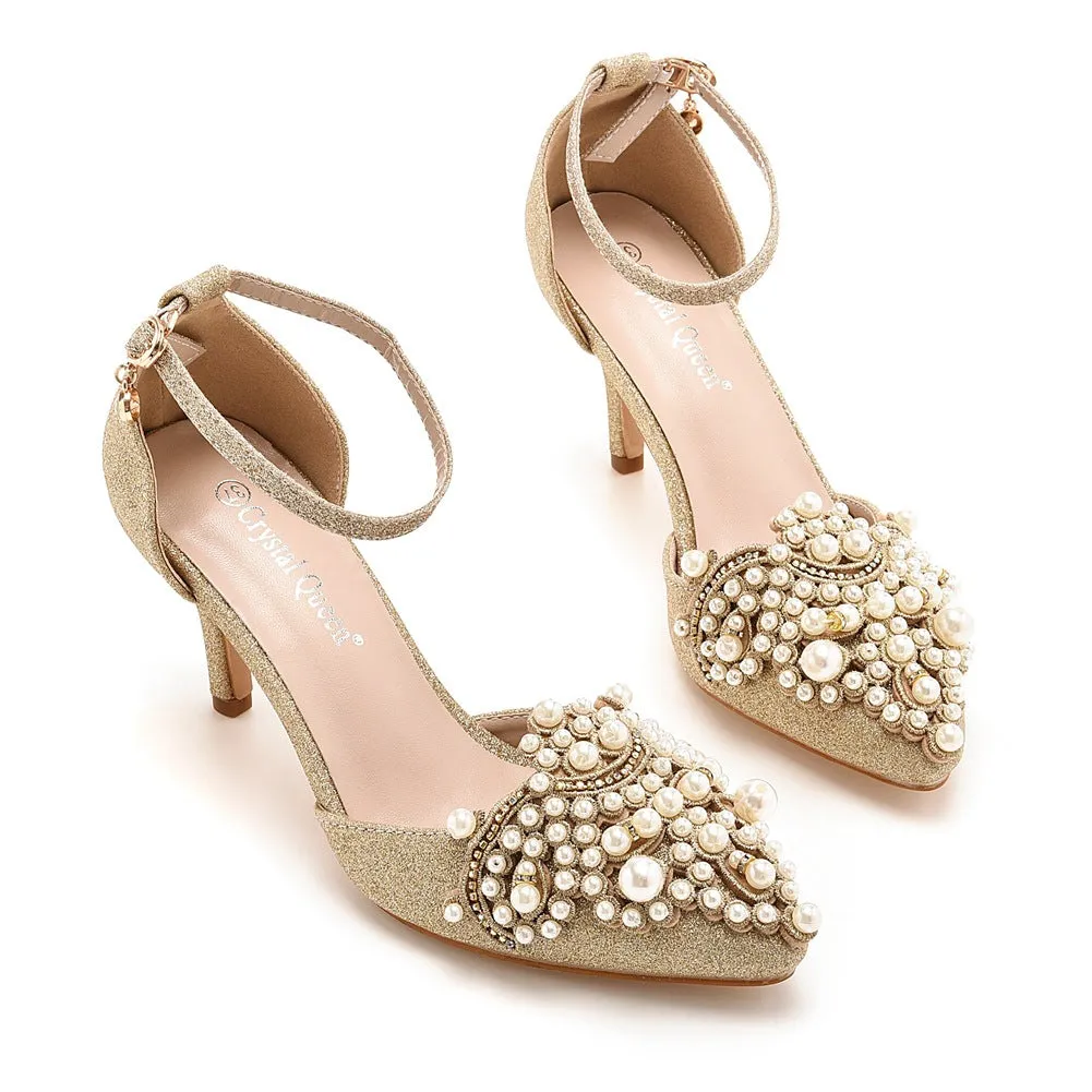 Pointed Toe Pearl Gold Glitter Ankle Strap High Heel