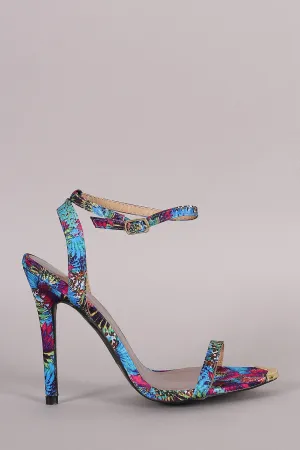 Qupid Floral Print Gold Tip Ankle Strap Stiletto Heel