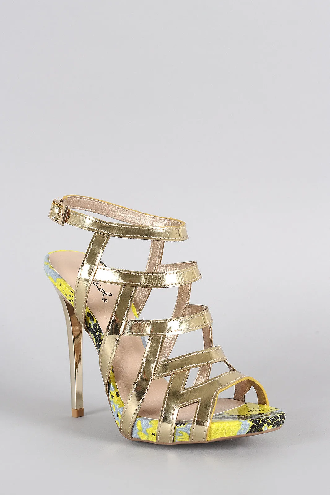 Qupid Metallic Strappy Snake Open Toe Stiletto Heel