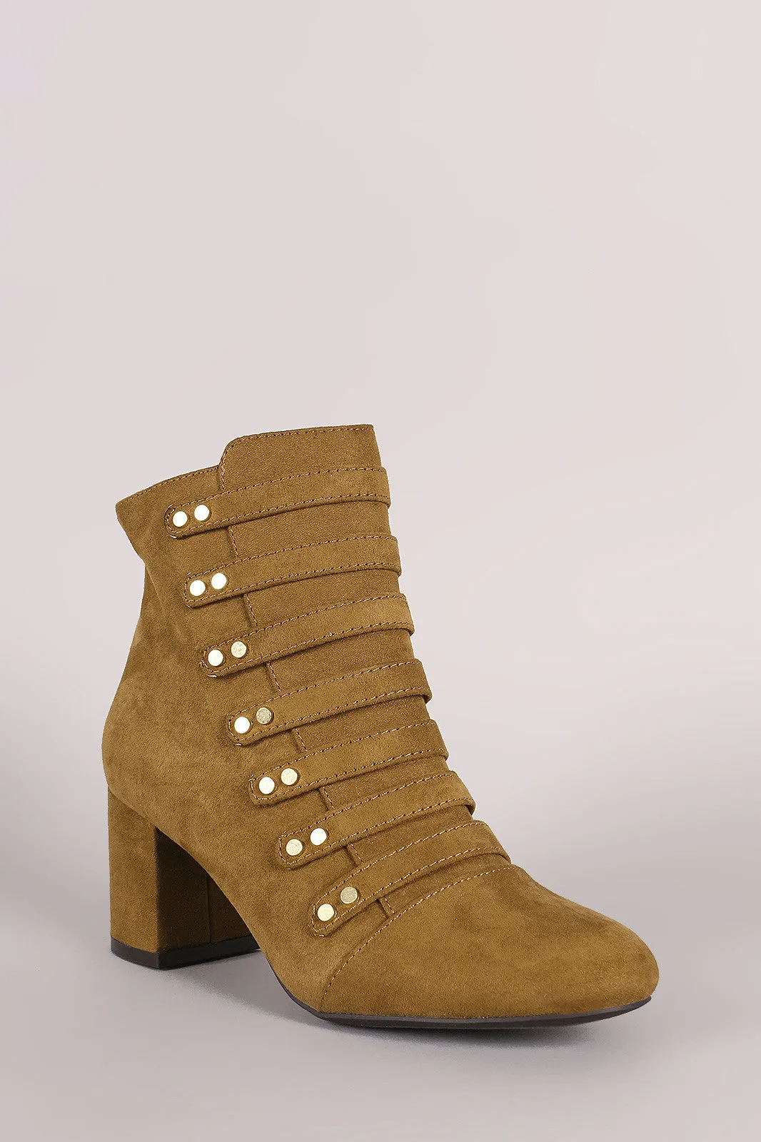 Qupid Strappy Studded Suede Block Heeled Booties