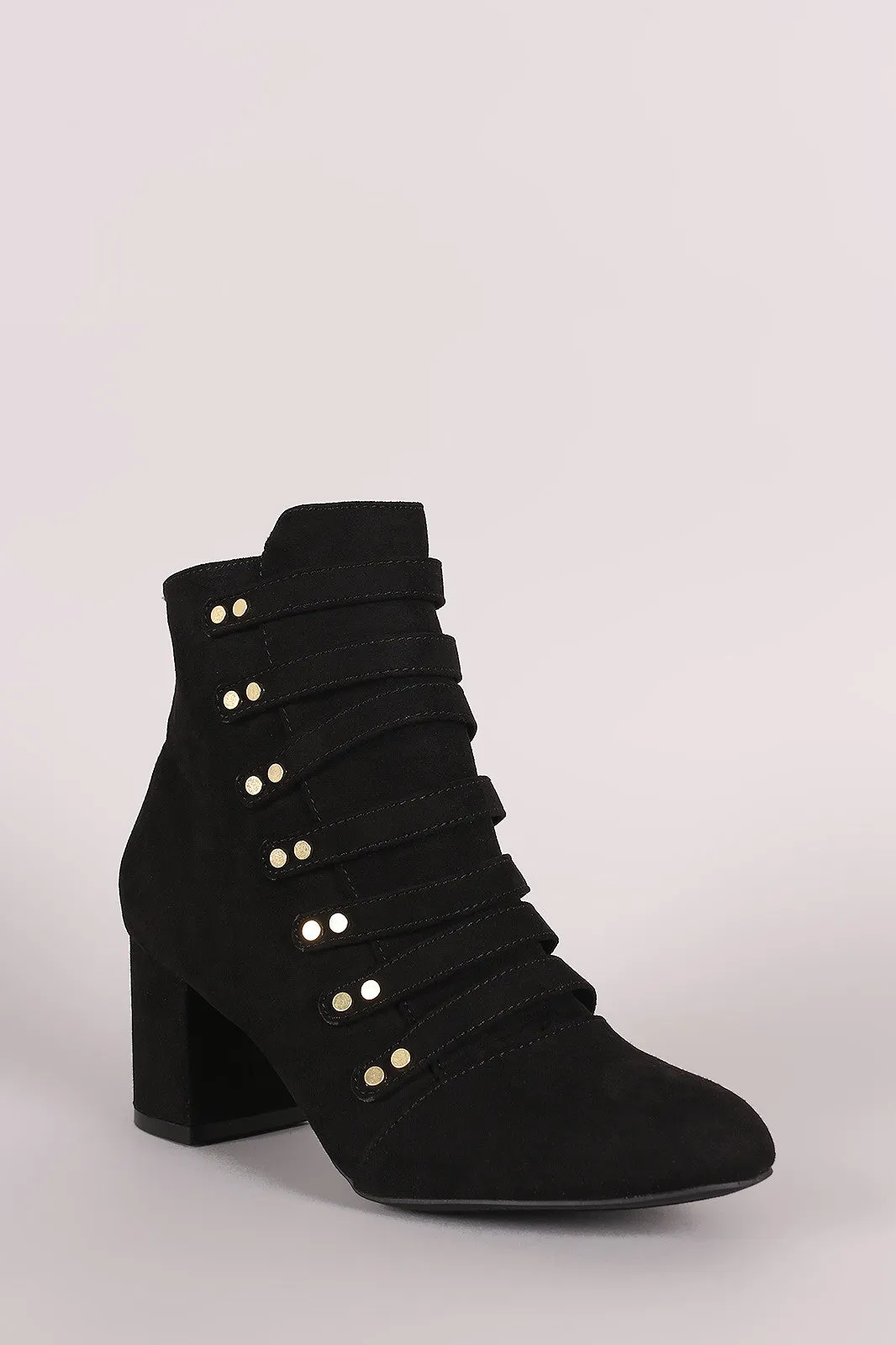 Qupid Strappy Studded Suede Block Heeled Booties