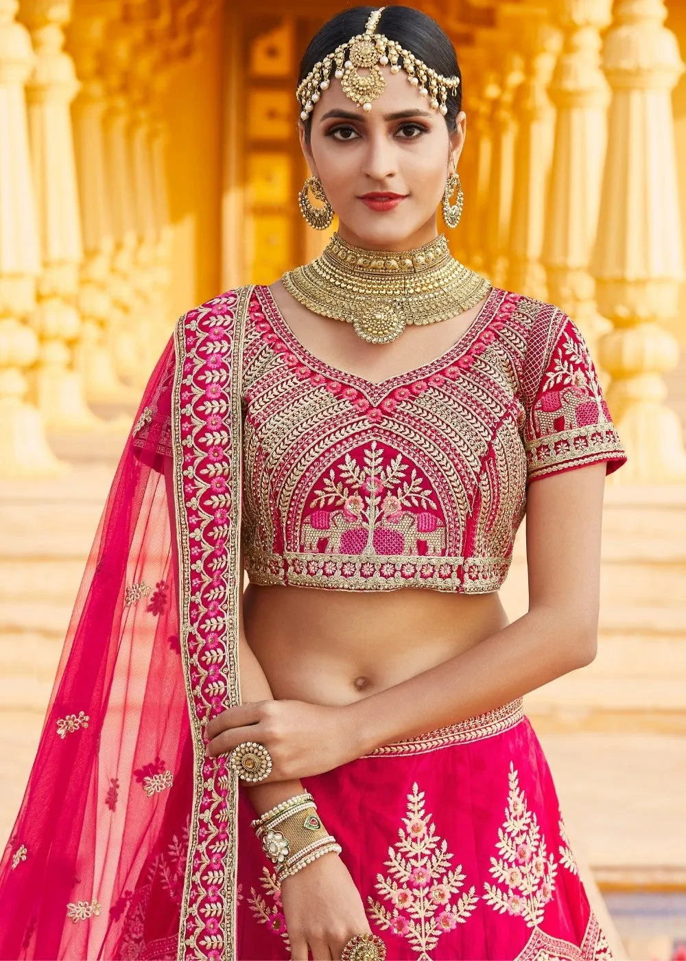 Rose Pink Velvet  Bridal Lehenga Choli with Embroidery & Hand work