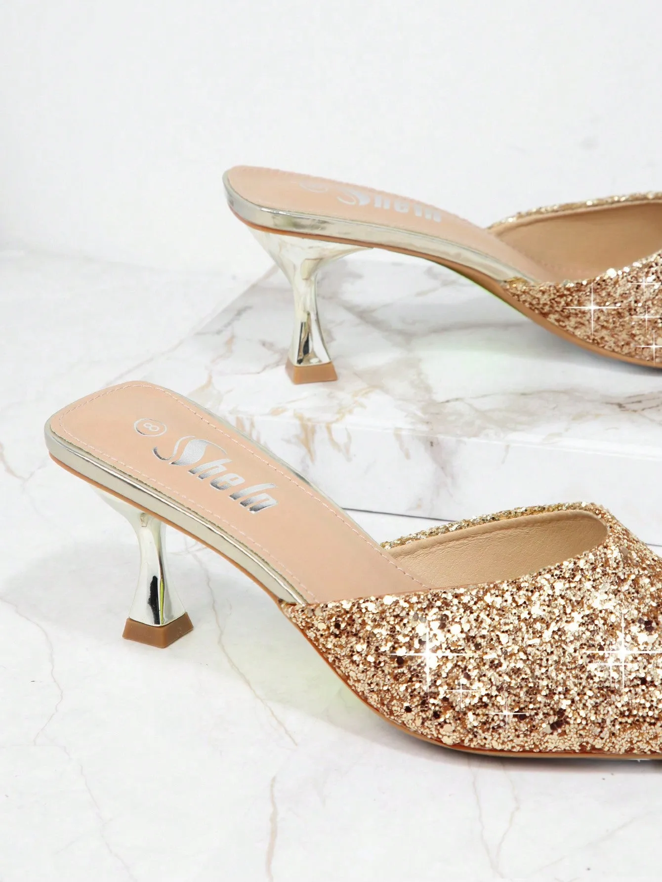 SHEIN Sparkly Pointy Toe Slip On Mules