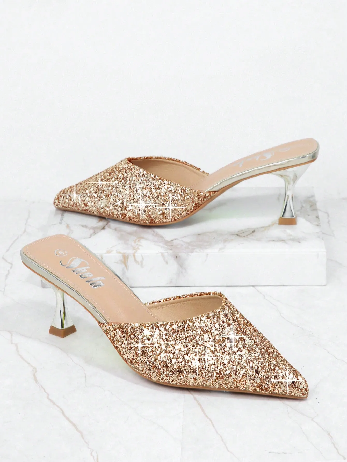 SHEIN Sparkly Pointy Toe Slip On Mules