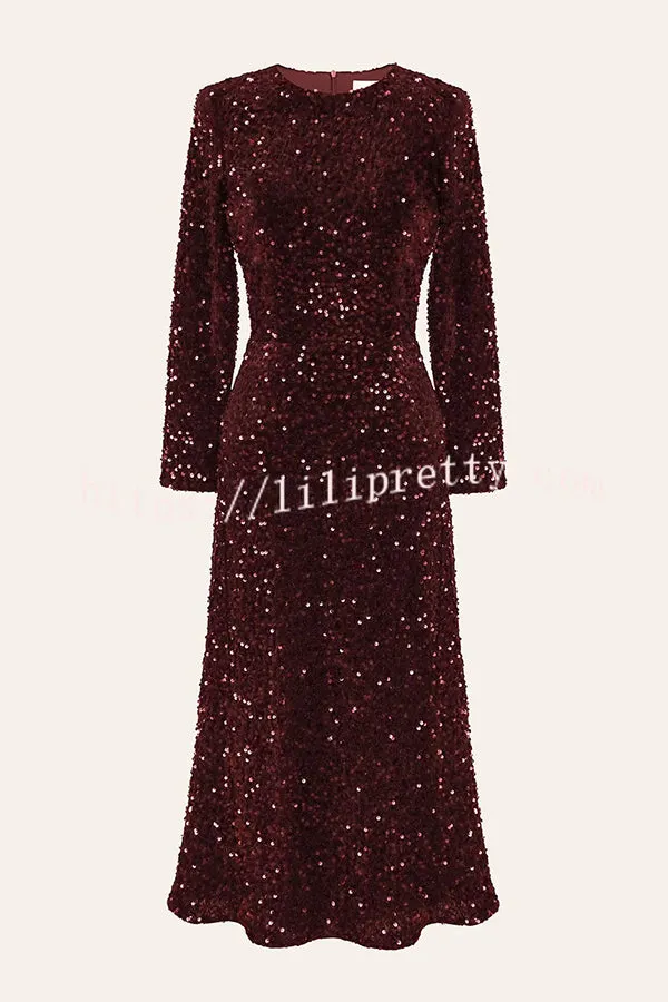 Spotlight Darling Sequin Velvet Crew Neck Long Sleeve Midi Dress