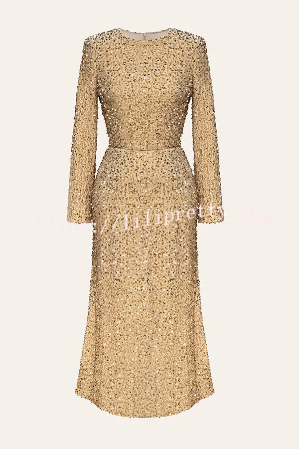 Spotlight Darling Sequin Velvet Crew Neck Long Sleeve Midi Dress