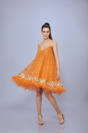 Sunset orange Camisole dress with mirror embroidery & feather fringe