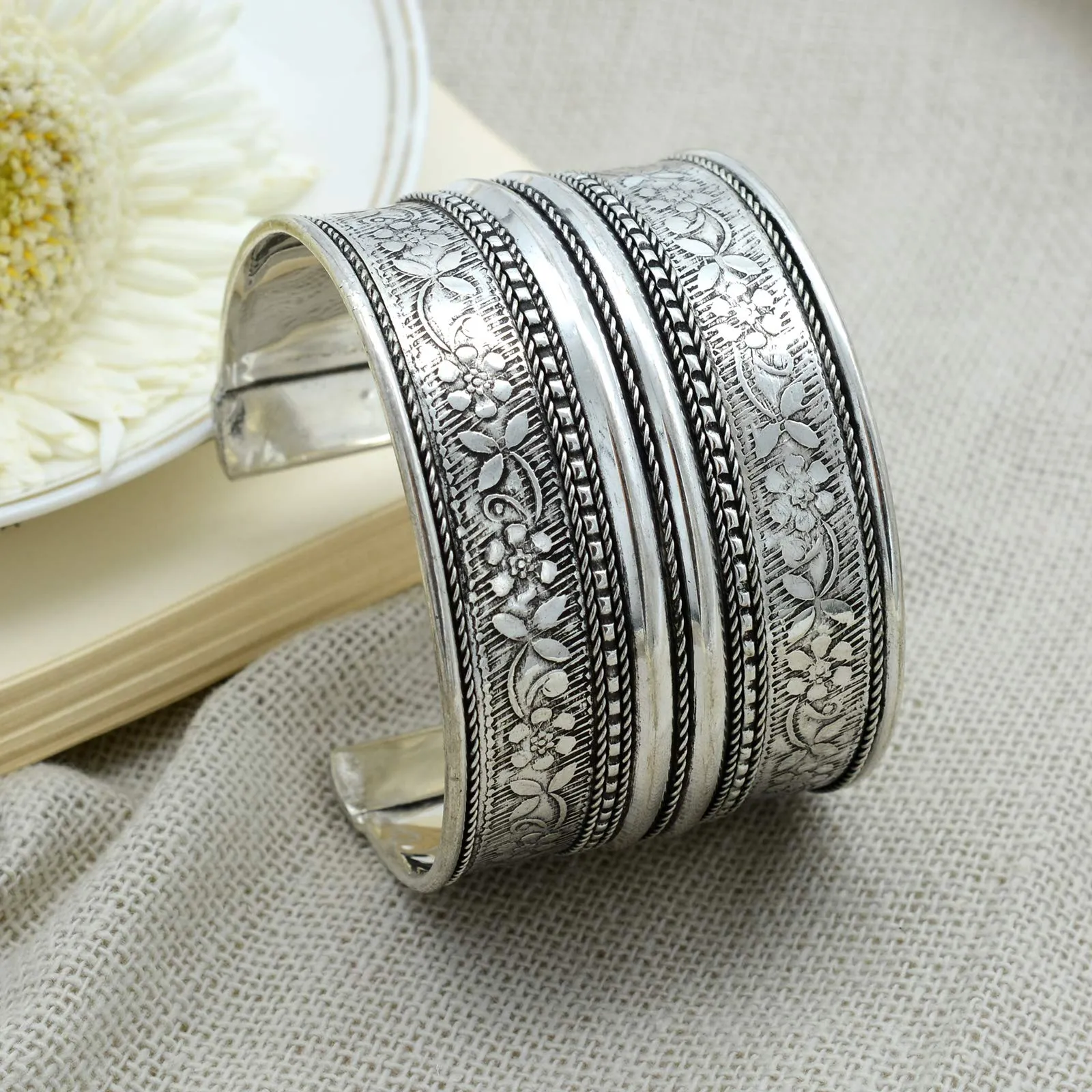 TEEJH Raksha Floral Embossed Silver Oxidized Cuff for Women