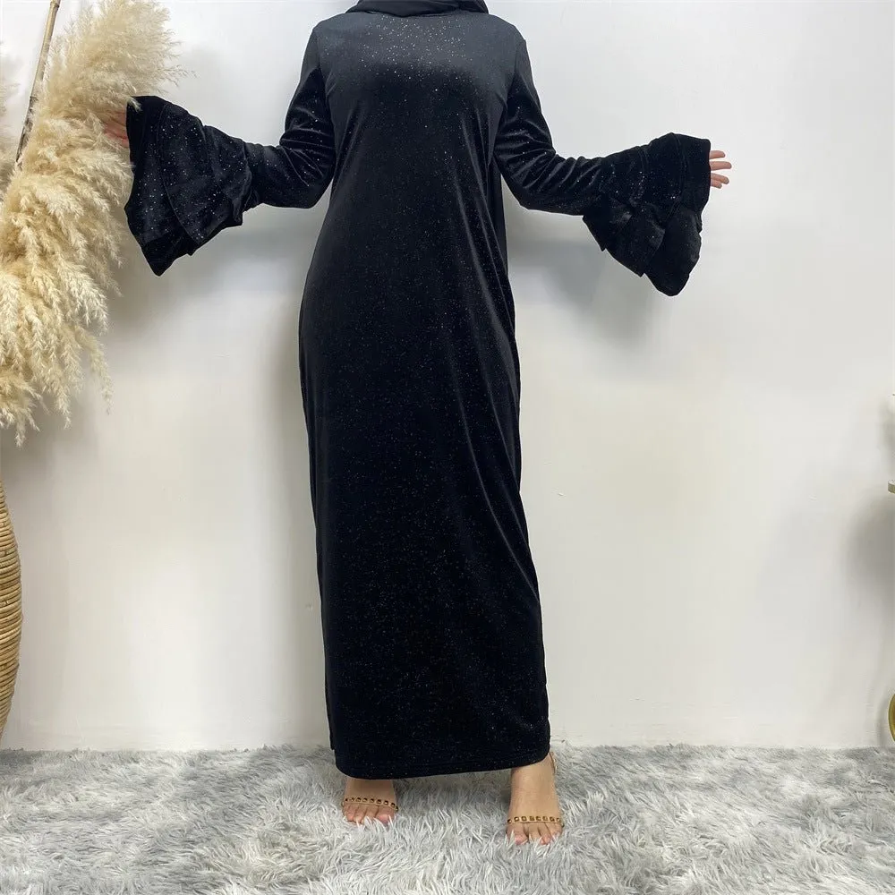 Thickened Velvet Flared Sleeve Glitter Abaya (MA111)