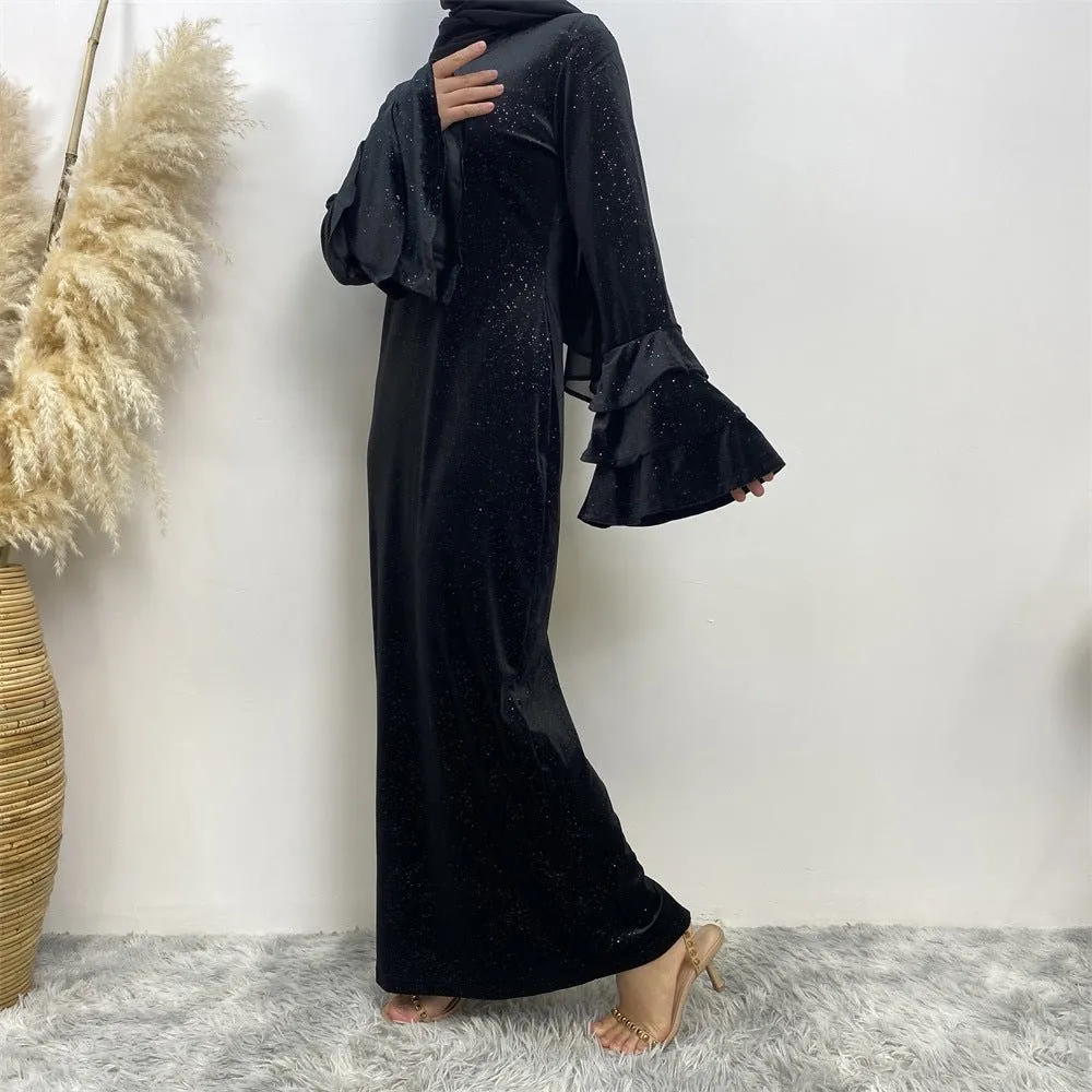 Thickened Velvet Flared Sleeve Glitter Abaya (MA111)