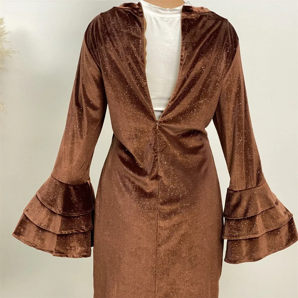 Thickened Velvet Flared Sleeve Glitter Abaya (MA111)