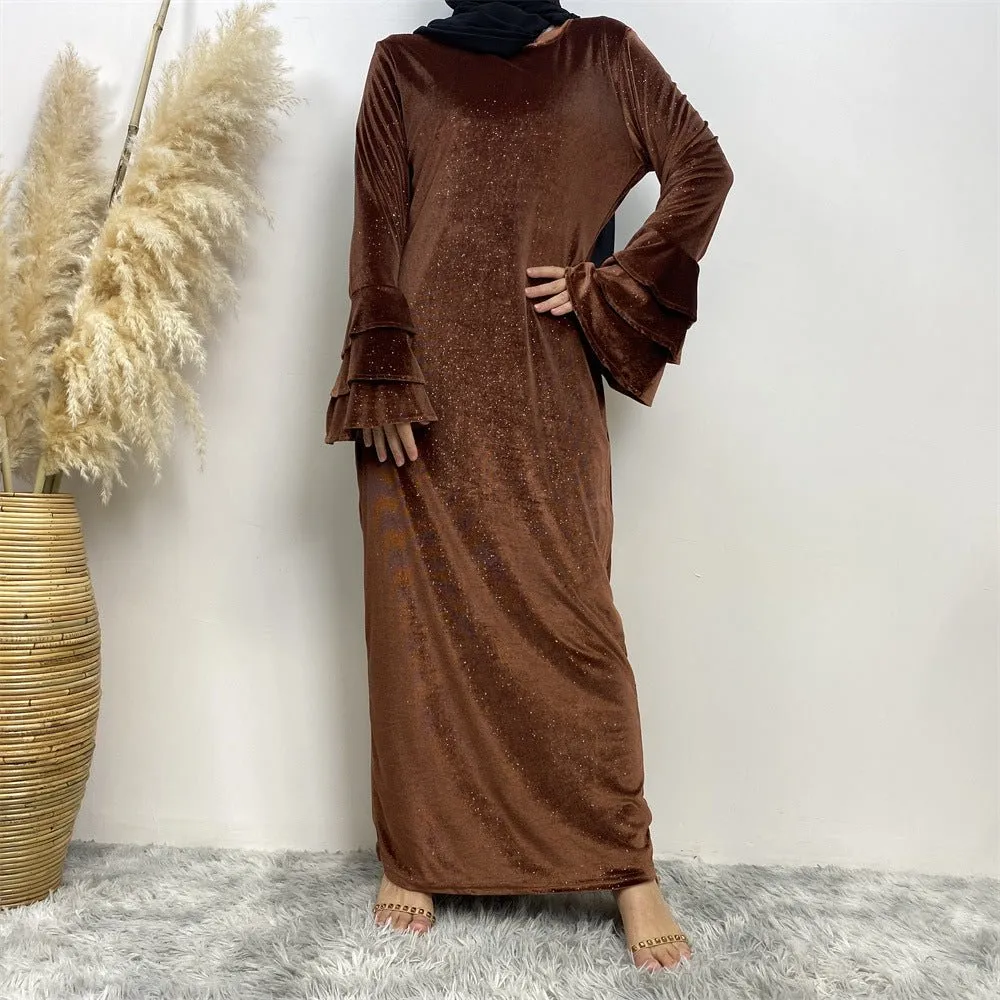 Thickened Velvet Flared Sleeve Glitter Abaya (MA111)