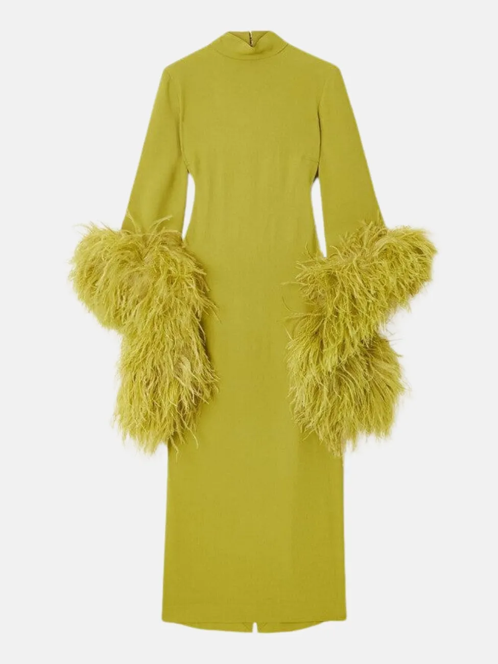 Turtleneck Feather Trimmed Crepe Maxi Dress