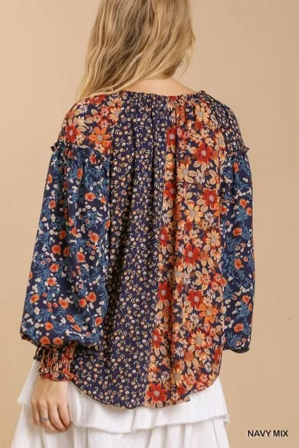 Umgee mixed Flower Print Split Neck Top with High Low Hem and No Lining