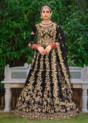 Velvet Dazzling Black Stone Cording Bridal Style Lehenga Choli