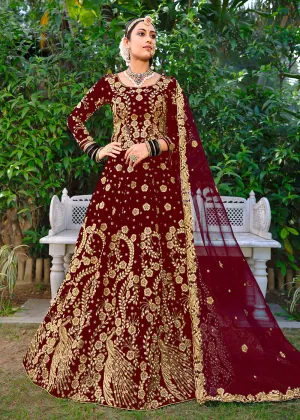 Velvet Radiant Maroon Stone Cording Bridal Style Lehenga Choli