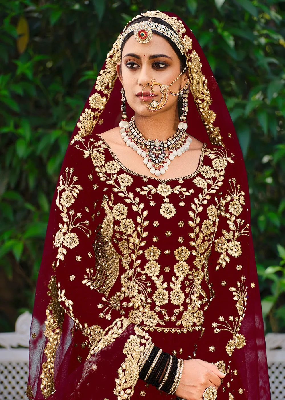 Velvet Radiant Maroon Stone Cording Bridal Style Lehenga Choli