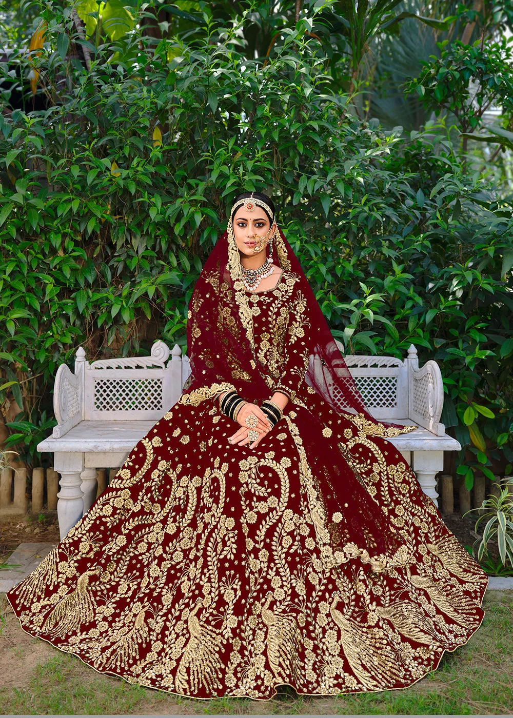 Velvet Radiant Maroon Stone Cording Bridal Style Lehenga Choli